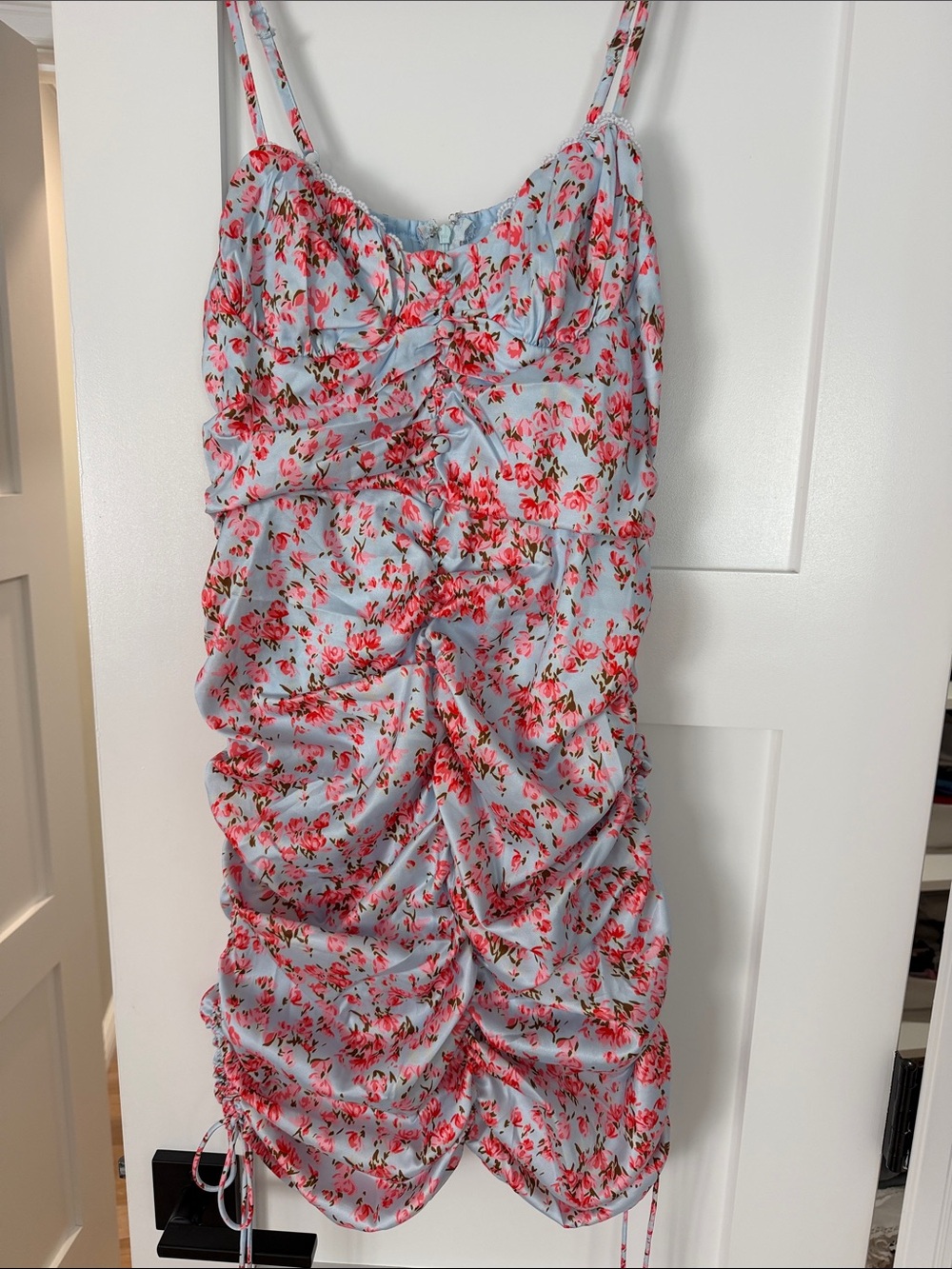 Light Blue Floral Ruched Spaghetti Strap Dress